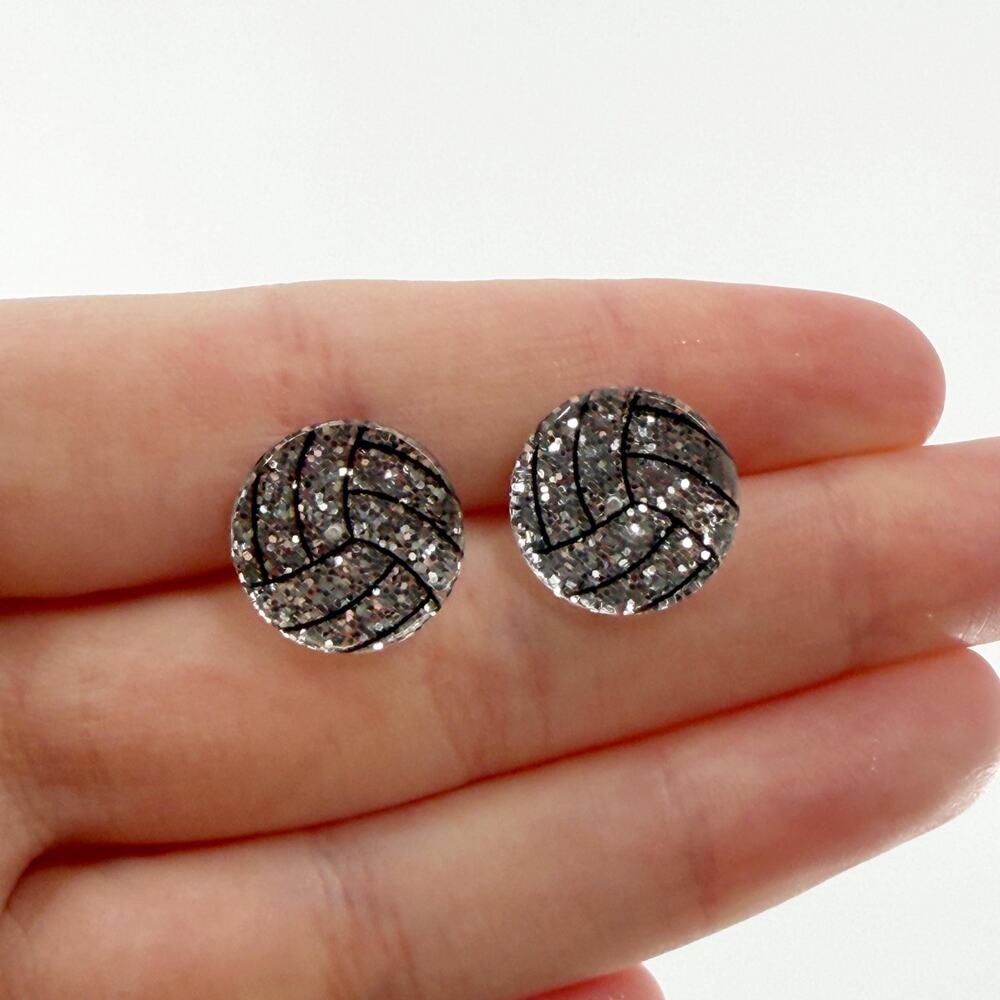 Glitter Volleyball Earrings, Volleyball Studs, Volleyball Jewelry, Volleyball